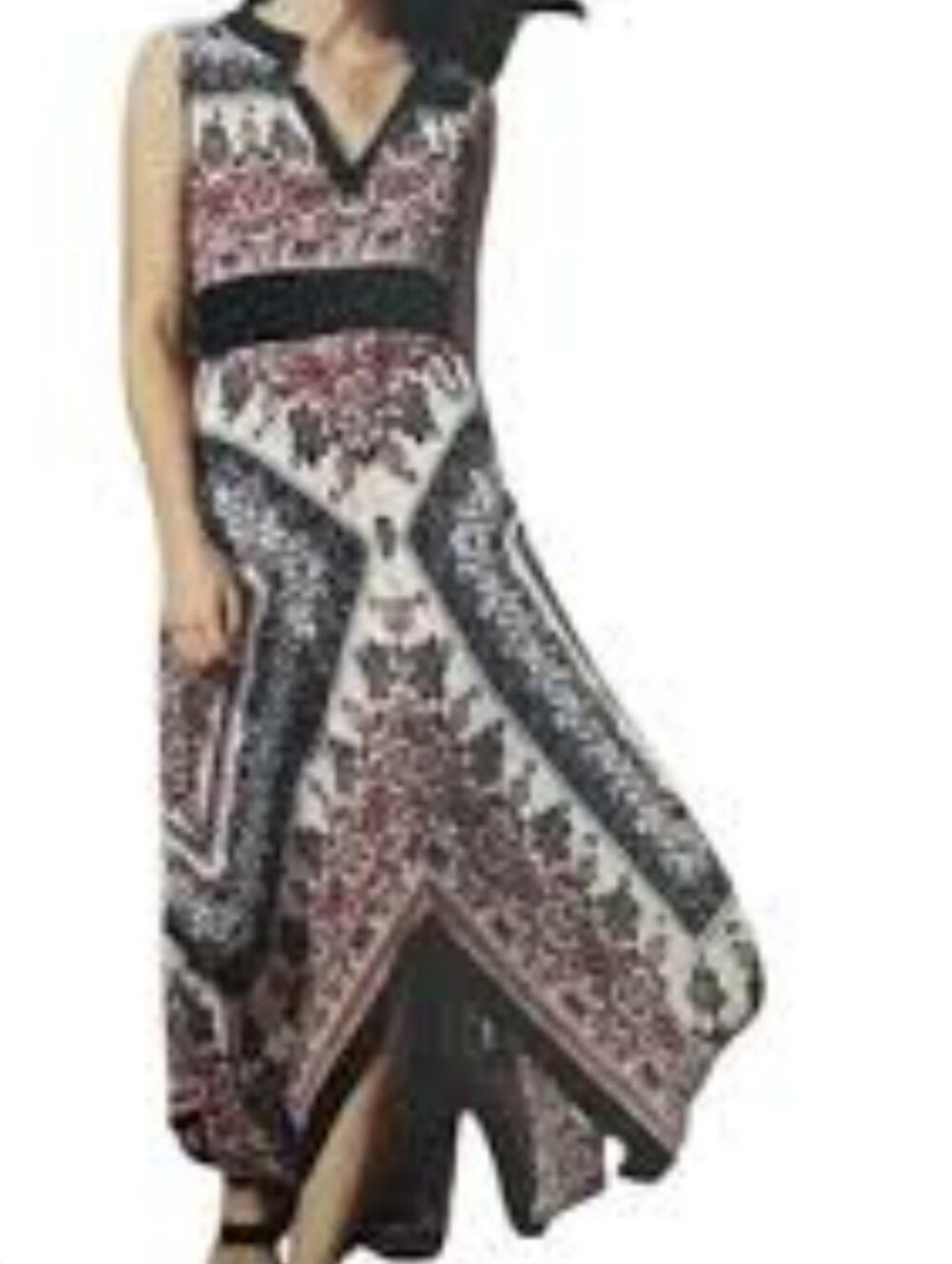 Bali Boho Navy Cream Mandalla Ruffly Neck Fairy Handkerchief Maxi Dress S